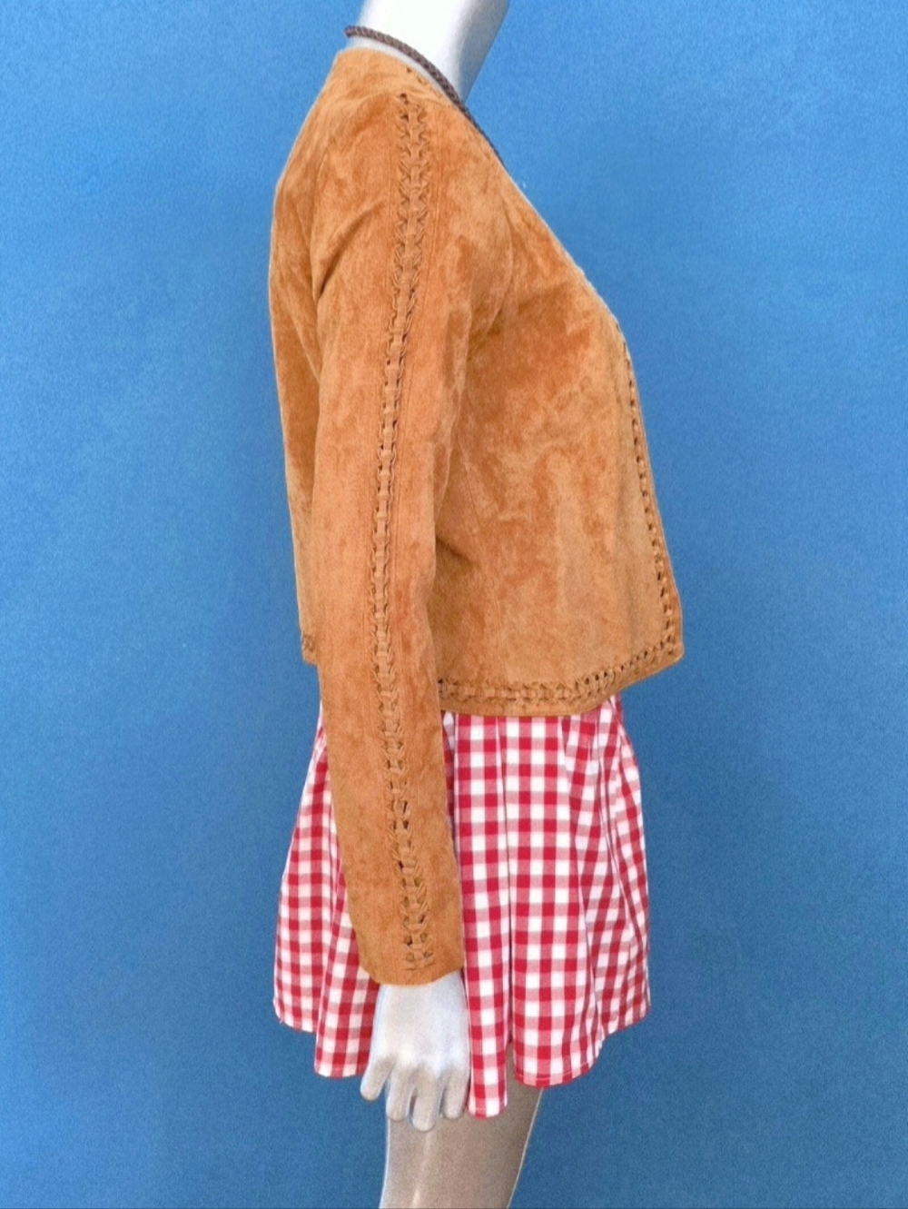 🆕️🤠🐎MANGO Genuine Leather Trena Suede Jacket Collarless w/ Suede Braiding NWT - Picture 3 of 16